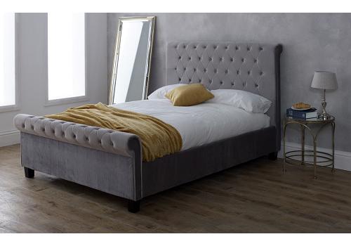 5ft King Size Sleigh style Orb, button back headend, silver grey velvet fabric finish bed frame 1